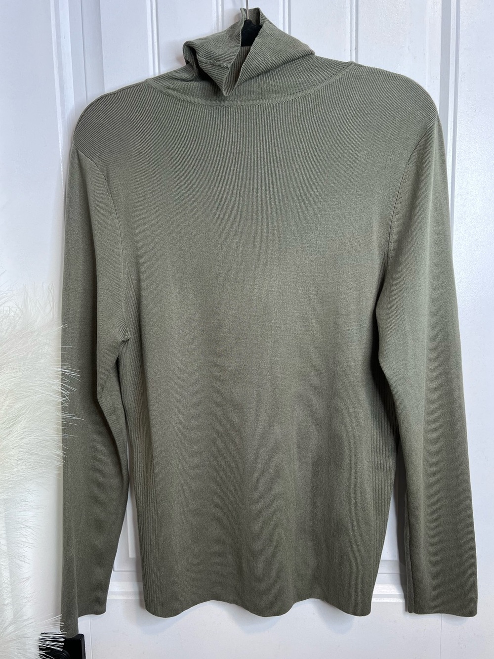 Chico's Olive Green Lightweight Fold-Over Turtleneck Sweater. Size 3.